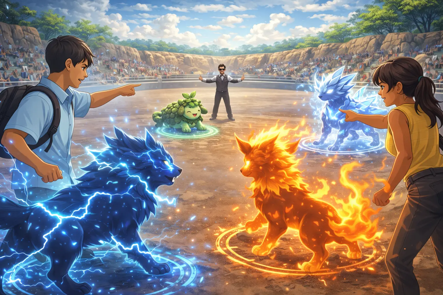 A controlled battle scene: two elementals training without destruction